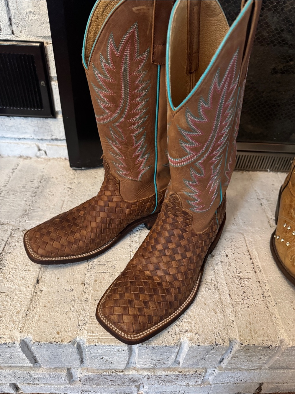 Macie Bean Brown Woven Cowboy Boots with Turquoise Trim